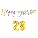 28th Happy Birthday Decoration Kit Multicolour for 28 Year Old Boys Girls Men with Number Twenty-eight Decorations Decor Items Item Set Combo Reusable Cursive Banner