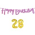 28th Happy Birthday Decoration Kit Dark Pink for 28 Year Old Boys Girl Women with Number Twenty-eight Decorations Decor Celebration Items Item Set Combo Reusable Cursive Banner