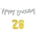 28th Happy Birthday Decoration Kit Silver for 28 Year Old Boys Girls Women with Number Twenty-eight Decorations Decor Celebration Items Item Set Combo Reusable Cursive Banner