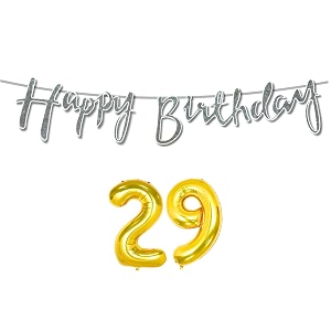29th happy birthday decoration kit silver for 29 year old boys girls women with number twenty-nine decorations decor celebration items item set combo reusable cursive banner