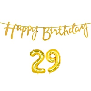 29th happy birthday decoration kit golden for 29 year old boys girls women with number twenty-nine decorations decor celebration items item set combo reusable cursive banner