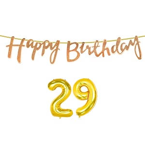 29th happy birthday decoration kit rose gold for 29 year old boys girls women with number twenty-nine decorations decor celebration items item set combo reusable cursive banner
