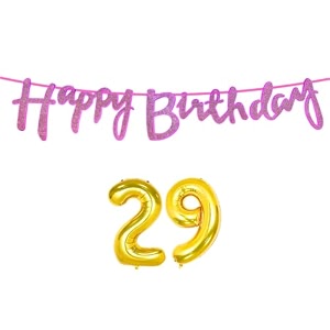 29th happy birthday decoration kit dark pink for 29 year old boys girls women with number twenty-nine decorations decor celebration items item set combo reusable cursive banner
