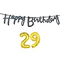 29th Happy Birthday Decoration Kit Black for 29 Year Old Boys Girl Men with Number Twenty-nine Decorations Decor Celebration Items Item Set Combo Reusable Cursive Banner