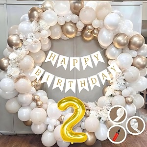 2nd birthday decoration items for white and gold theme combination for boys girls  50 pc golden white orange balloon  white birthday banner  balloon pump  arch tape  glue dots