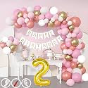 2nd Birthday Decoration Items for Pink and White Theme Combination for Girls| 50 Pcs Pink White Gold Rose Gold Balloon| White Birthday Banner| Balloon Pump| Arch Tape| Glue Dots