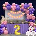 2nd Birthday Decoration Items for Pink and Purple Theme Combination for Girls Princes | 50 Pcs Pink Purple Gold Balloon | Pink Birthday Banner | Balloon Pump | Arch Tape | Glue Dots