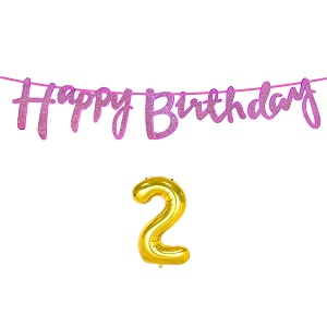 2nd happy birthday decoration kit dark pink for 2 year old boys girls baby with number two decorations decor celebration items item set combo reusable cursive banner