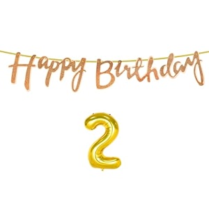 2nd happy birthday decoration kit rose gold for 2 year old boys girls baby with number two decorations decor celebration items item set combo reusable cursive banner