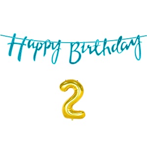2nd happy birthday decoration kit blue for 2 year old boys girls baby with number two decorations decor celebration items item set combo reusable cursive banner