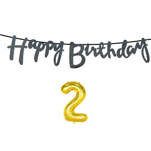 2nd happy birthday decoration kit black for 2 year old boys girls baby with number two decorations decor celebration items item set combo reusable cursive banner