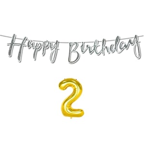 2nd happy birthday decoration kit silver for 2 year old boys girls baby with number two decorations decor celebration items item set combo reusable cursive banner