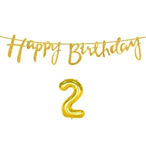 2nd happy birthday decoration kit golden for 2 year old boys girls baby with number two decorations decor celebration items item set combo reusable cursive banner
