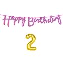 2nd Happy Birthday Decoration Kit Dark Pink for 2 Year Old Boys Girls Baby with Number Two Decorations Decor Celebration Items Item Set Combo Reusable Cursive Banner