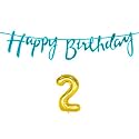 2nd Happy Birthday Decoration Kit Blue for 2 Year Old Boys Girls Baby with Number Two Decorations Decor Celebration Items Item Set Combo Reusable Cursive Banner