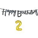 2nd Happy Birthday Decoration Kit Black for 2 Year Old Boys Girls Baby with Number Two Decorations Decor Celebration Items Item Set Combo Reusable Cursive Banner