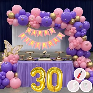 30th birthday decoration items for pink and purple theme combination for girls princes  50 pcs pink purple gold balloon  pink birthday banner  balloon pump  arch tape  glue dots