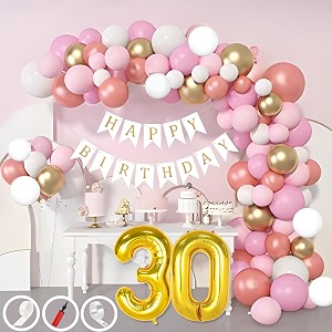 30th birthday decoration items for pink and white theme combination for girls 50 pcs pink white gold rose gold balloon white birthday banner balloon pump arch tape glue dots