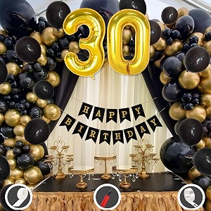 30th birthday decoration items for black and gold theme combination for boys girls  50 pcs black gold balloon  black birthday banner  balloon pump  arch tape  glue dots