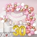30th Birthday Decoration Items for Pink and White Theme Combination for Girls| 50 Pcs Pink White Gold Rose Gold Balloon| White Birthday Banner| Balloon Pump| Arch Tape| Glue Dots