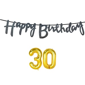 30th happy birthday decoration kit black for 30 year old boys girls men with number thirty decorations decor celebration items item set combo reusable cursive banner