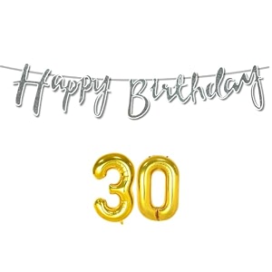 30th happy birthday decoration kit silver for 30 year old boys girls women with number thirty decorations decor celebration items item set combo reusable cursive banner