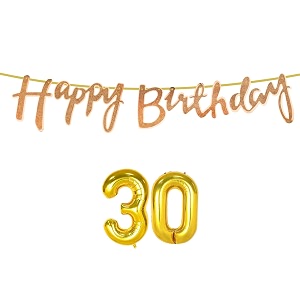 30th happy birthday decoration kit rose gold for 30 year old boys girls women with number thirty decorations decor celebration items item set combo reusable cursive banner