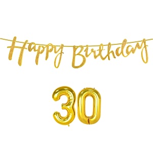 30th happy birthday decoration kit golden for 30 year old boys girls women with number thirty decorations decor celebration items item set combo reusable cursive banner