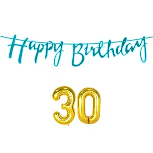 30th happy birthday decoration kit blue for 30 year old boys girls women with number thirty decorations decor celebration items item set combo reusable cursive banner