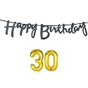 30th Happy Birthday Decoration Kit Black for 30 Year Old Boys Girls Men with Number Thirty Decorations Decor Celebration Items Item Set Combo Reusable Cursive Banner