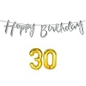 30th Happy Birthday Decoration Kit Silver for 30 Year Old Boys Girls Women with Number Thirty Decorations Decor Celebration Items Item Set Combo Reusable Cursive Banner