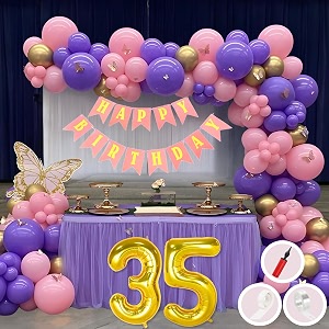 35th birthday decoration items for pink and purple theme combination for girls princes  50 pcs pink purple gold balloon  pink birthday banner  balloon pump  arch tape  glue dots