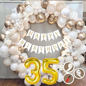35th birthday decoration items for white and gold theme combination for boys girls  50 pc golden white orange balloon  white birthday banner  balloon pump  arch tape  glue dots