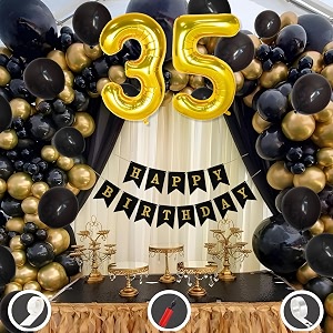 35th birthday decoration items for black and gold theme combination for boys girls  50 pcs black gold balloon  black birthday banner  balloon pump  arch tape  glue dots