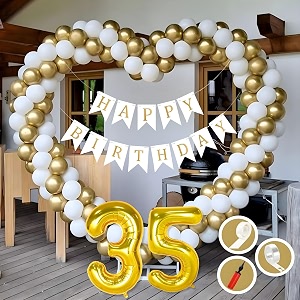 35th birthday decoration items for golden and white theme combination for boys girls  50 pcs gold white balloon  white birthday banner  balloon pump  arch tape  glue dots