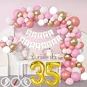 35th Birthday Decoration Items for Pink and White Theme Combination for Girls| 50 Pcs Pink White Gold Rose Gold Balloon| White Birthday Banner| Balloon Pump| Arch Tape| Glue Dots