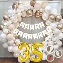 35th Birthday Decoration Items for White and Gold Theme Combination for Boys Girls | 50 Pc Golden White Orange Balloon | White Birthday Banner | Balloon Pump | Arch Tape | Glue Dots