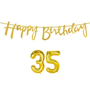 35th happy birthday decoration kit golden for 35 year old boys girls women with number thirty-five decorations decor celebration items item set combo reusable cursive banner