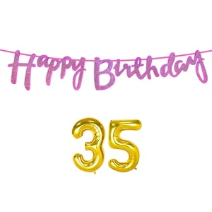 35th happy birthday decoration kit dark pink for 35 year old boys girls women with number thirty-five decorations decor celebration items item set combo reusable cursive banner