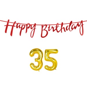 35th happy birthday decoration kit red for 35 year old boys girls women with number thirty-five decorations decor celebration items item set combo reusable cursive banner