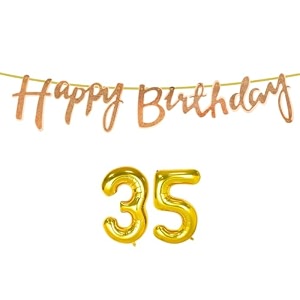 35th happy birthday decoration kit rose gold for 35 year old boys girls women with number thirty-five decorations decor celebration items item set combo reusable cursive banner