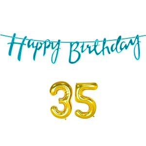 35th happy birthday decoration kit blue for 35 year old women with number thirty-five decorations decor celebration items item set combo reusable cursive banner
