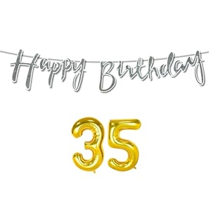 35th happy birthday decoration kit silver for 35 year old boys girls women with number thirty-five decorations decor celebration items item set combo reusable cursive banner