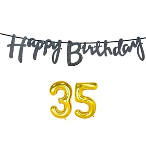35th happy birthday decoration kit black for 35 year old men with number thirty-five decorations decor celebration items item set combo reusable cursive banner