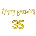 35th Happy Birthday Decoration Kit Golden for 35 Year Old Boys Girls Women with Number Thirty-five Decorations Decor Celebration Items Item Set Combo Reusable Cursive Banner