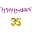35th Happy Birthday Decoration Kit Dark Pink for 35 Year Old Boys Girls Women with Number Thirty-five Decorations Decor Celebration Items Item Set Combo Reusable Cursive Banner