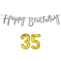 35th Happy Birthday Decoration Kit Silver for 35 Year Old Boys Girls Women with Number Thirty-five Decorations Decor Celebration Items Item Set Combo Reusable Cursive Banner