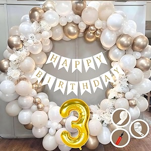 3rd birthday decoration items for white and gold theme combination for boys girls  50 pc golden white orange balloon  white birthday banner  balloon pump  arch tape  glue dots