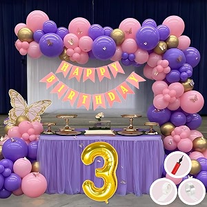 3rd birthday decoration items for pink and purple theme combination for girls princes  50 pcs pink purple gold balloon  pink birthday banner  balloon pump  arch tape  glue dots