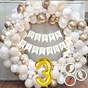 3rd Birthday Decoration Items for White and Gold Theme Combination for Boys Girls | 50 Pc Golden White Orange Balloon | White Birthday Banner | Balloon Pump | Arch Tape | Glue Dots